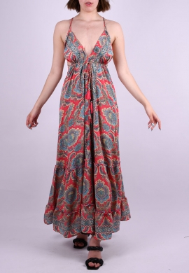 Swarna Φόρεμα μακρύ με λαχούρια εξώπλατο κοραλί