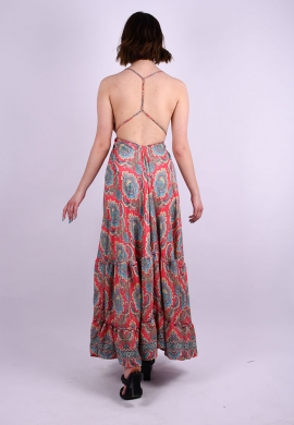 Swarna Φόρεμα μακρύ με λαχούρια εξώπλατο κοραλί