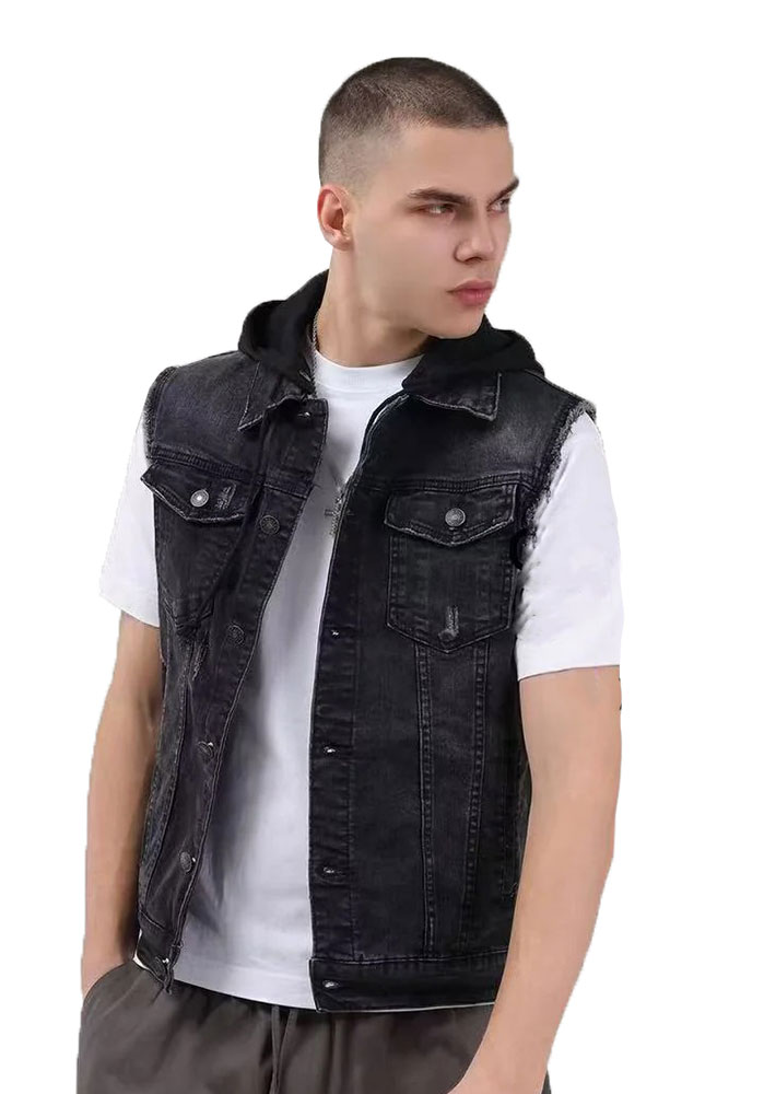 Ανδρικό αμάνικο τζιν γιλέκο με κουκούλα